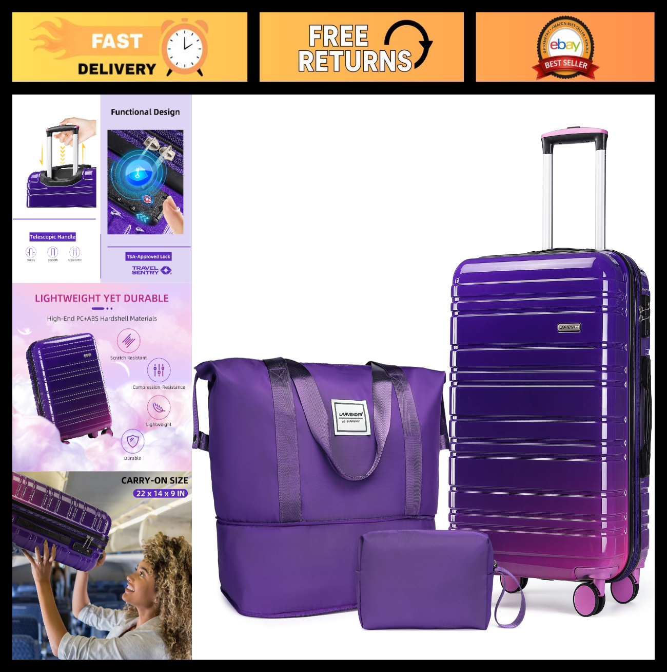 3-Piece Carry-On Luggage Set, 20" Hardshell Suitcase, Lightweight, TSA Lock, Duf0