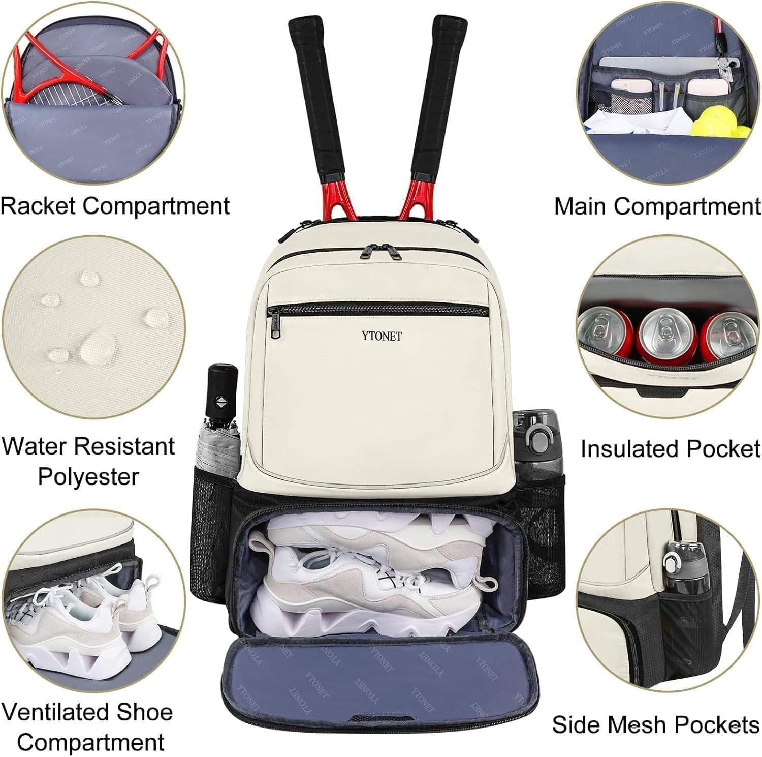 Insulated Tennis Backpack for Men & Women - 2 Rackets, Shoe Compartment, Durable3