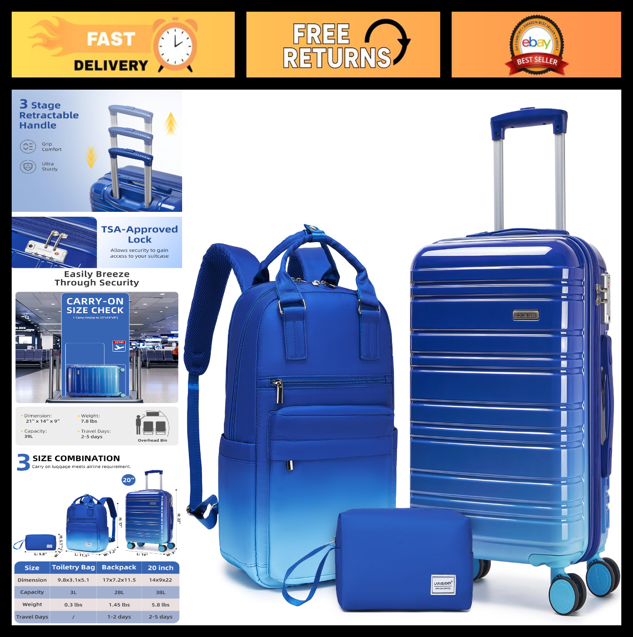 3-Piece Carry-On Luggage Set, 20" Hardshell Suitcases, TSA Lock, 360° Wheels, Ba0