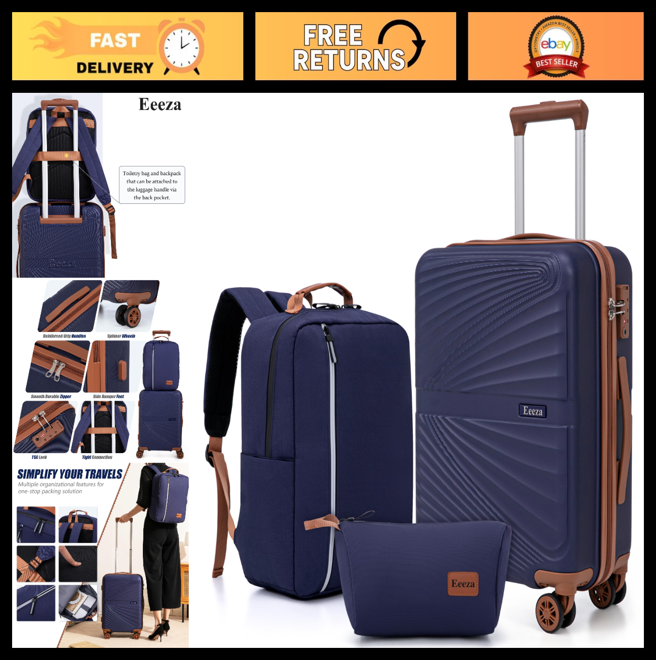 3-Piece Carry-On Luggage Set - Lightweight ABS Hardshell, 360° Spinner Wheels, T0