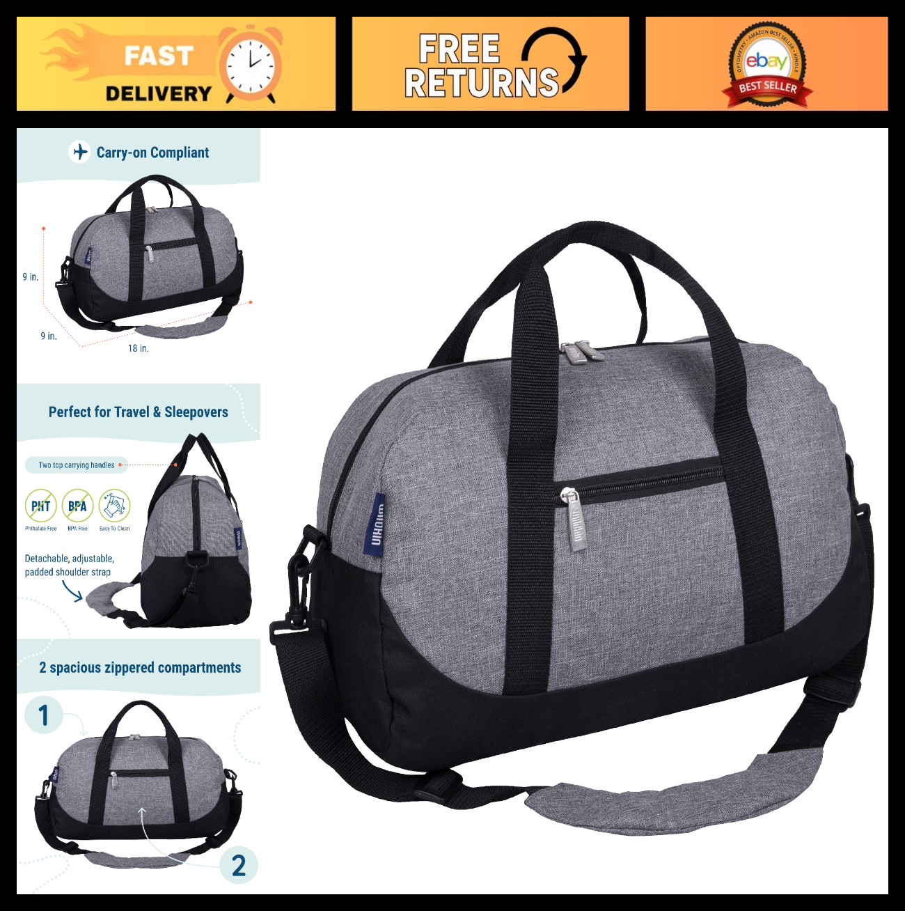 Kids Overnighter Duffel Bag - Carry-On Size for School & Sleepovers - Grey Tweed0