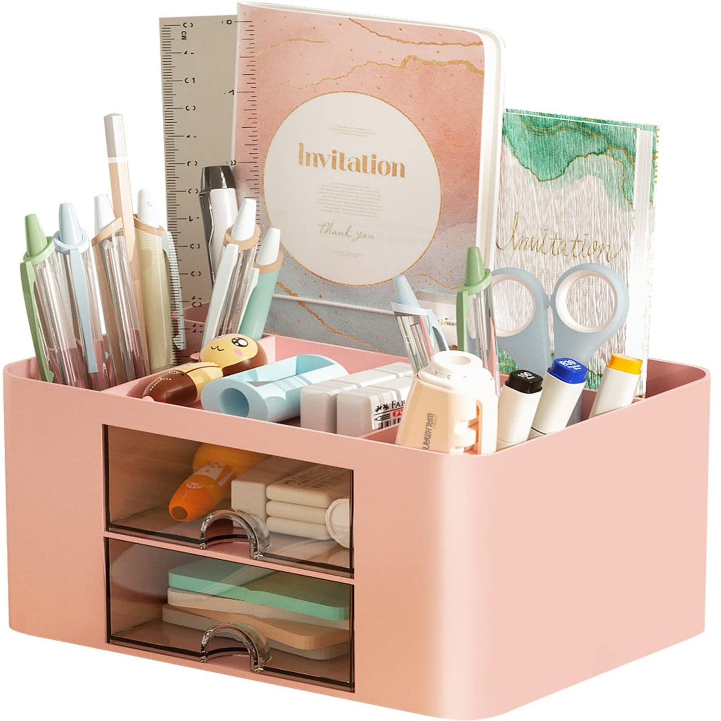 Multi Functional Desk Organizer with 2 Drawers, 5 Compartments for Art Supplies0