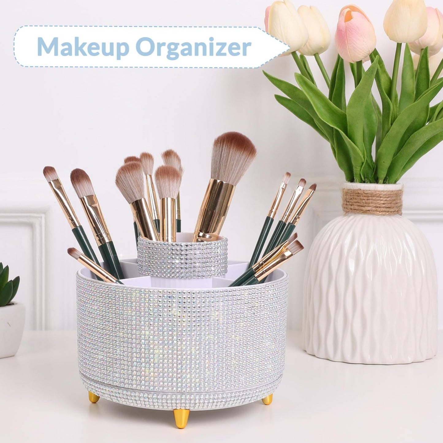 360° Rotating Desk Organizer   Rhinestone Pencil Pen Holder with 5 Slots for Off3