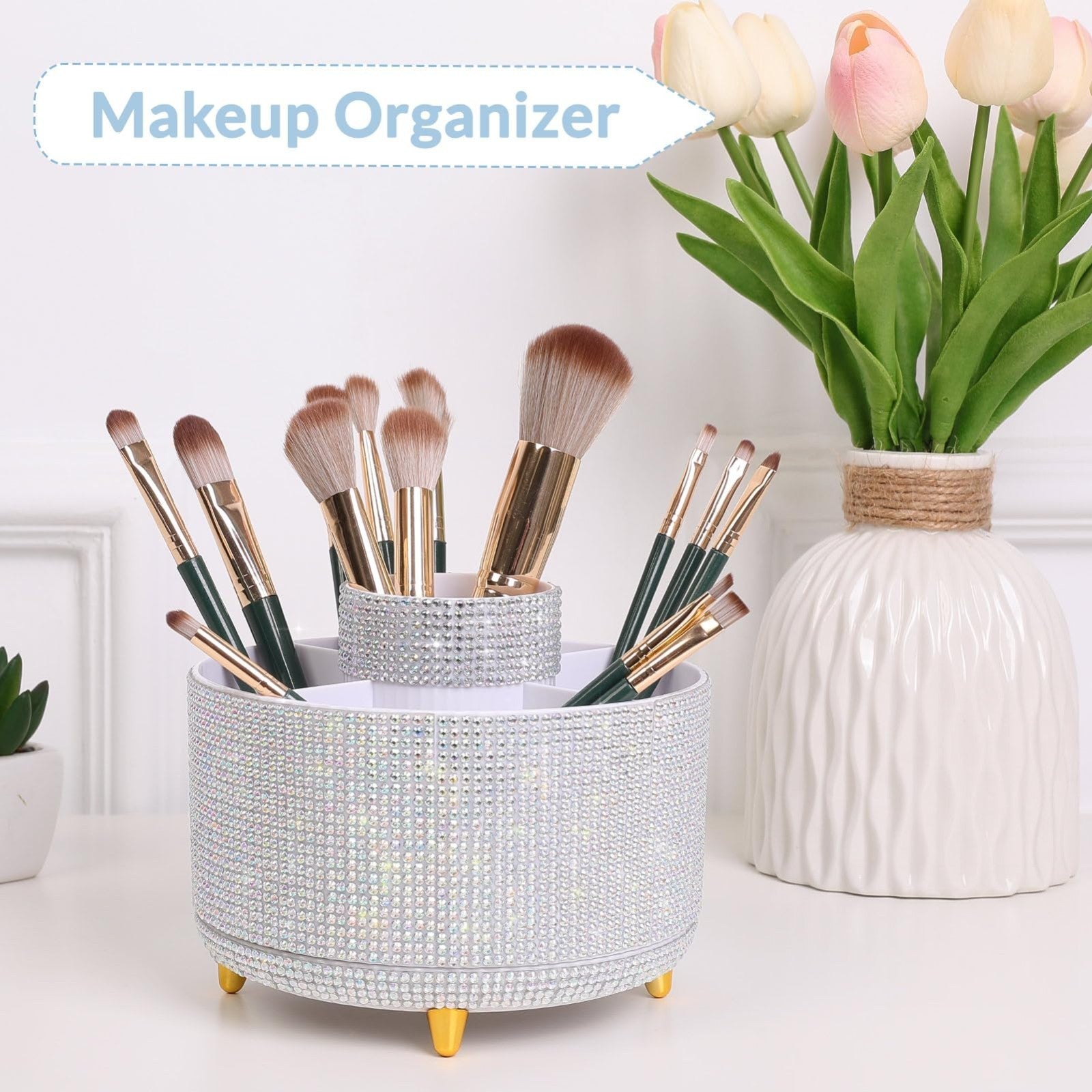 360° Rotating Desk Organizer   Rhinestone Pencil Pen Holder with 5 Slots for Off3
