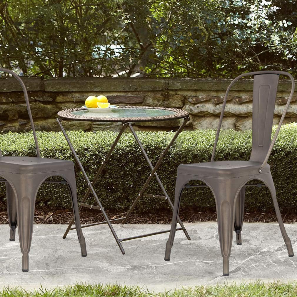 Set of 4 Stackable Metal Dining Chairs, Bronze, 330lbs Load, Indoor/Outdoor, Non2