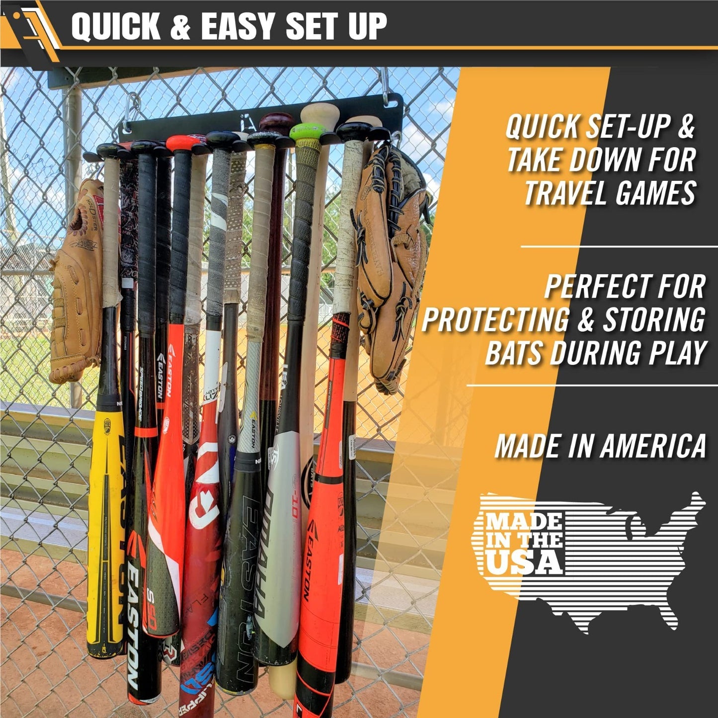Heavy Duty Baseball Softball Bat Rack - Holds 14 Bats, Wall/Fence Mounted, Steel3