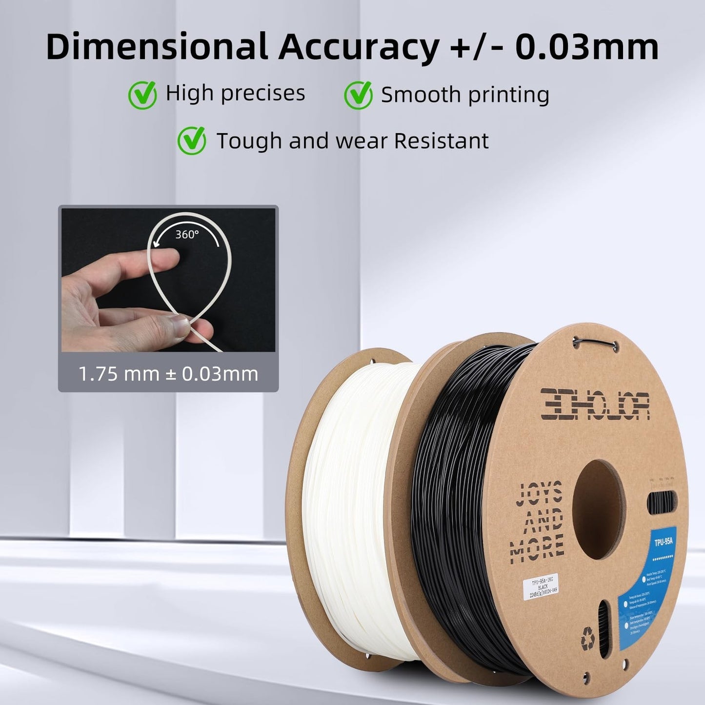 Flexible TPU 3D Printer Filament 1.75mm 1KG Bundle - Black & White, High Accurac3