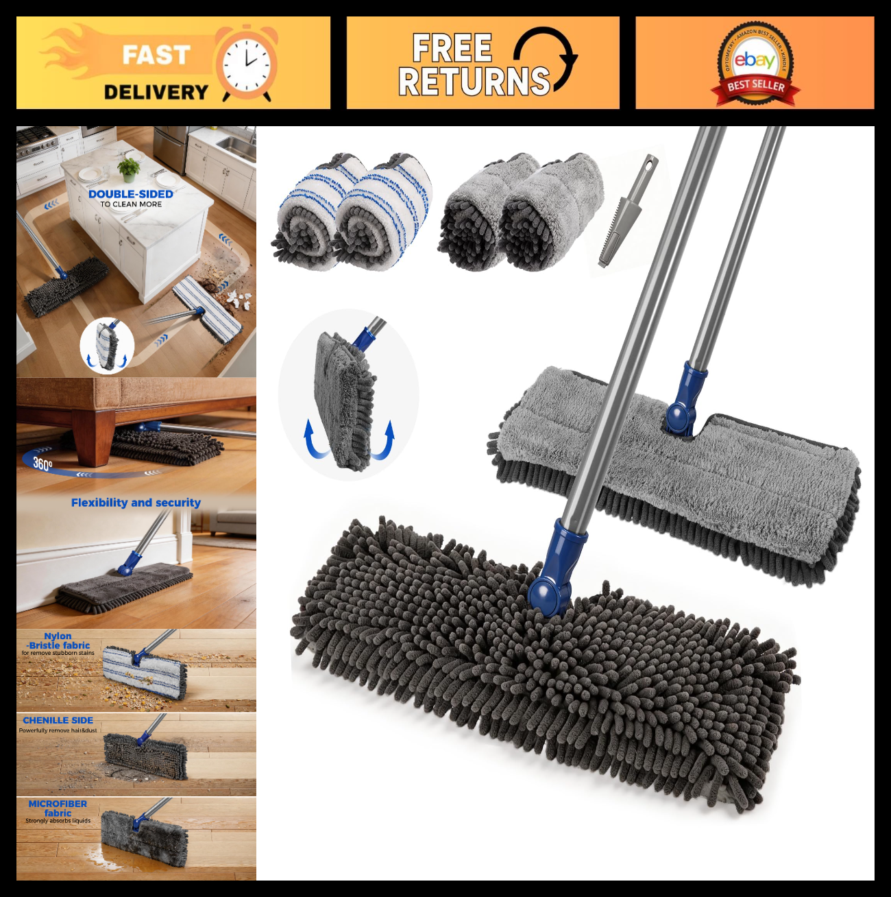 16" Microfiber Flat Mop with 4 Reusable Pads & Hair Scraper, 360° Swivel Wet Dry0