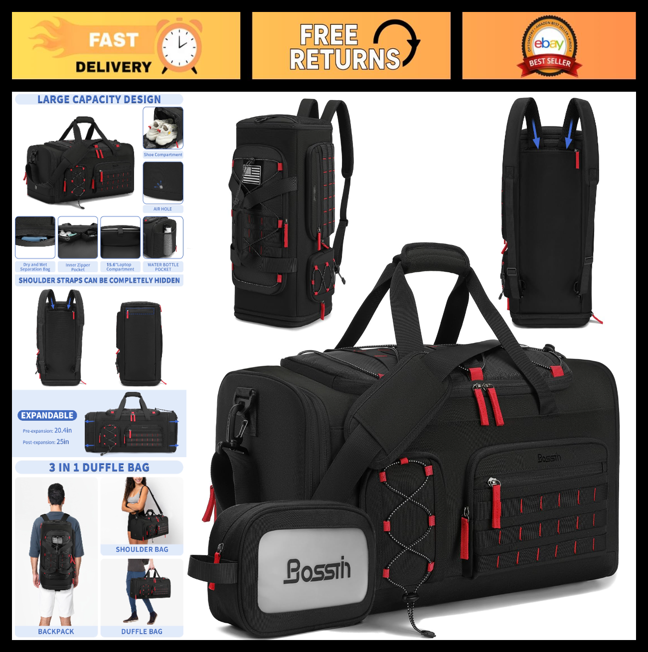 Expandable 45L 50L Gym Bag for Men & Women, Sports Duffle Bag, Travel Tote0