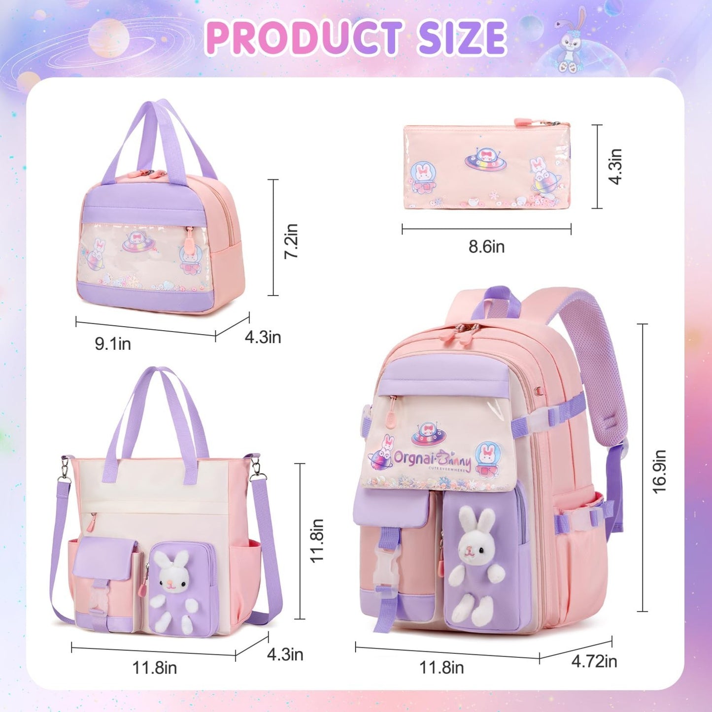 Kawaii Bunny Girls Backpack Set   4PCS School Bag, Tote, Lunch Box & Pencil Case2