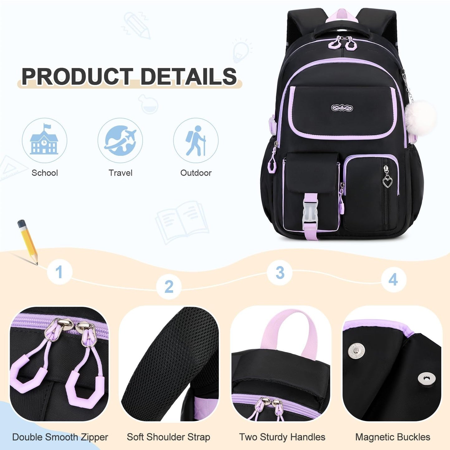 Girls' School Backpack Set 3PCS   Includes Lunch Box & Pencil Pouch, Stylish & D4