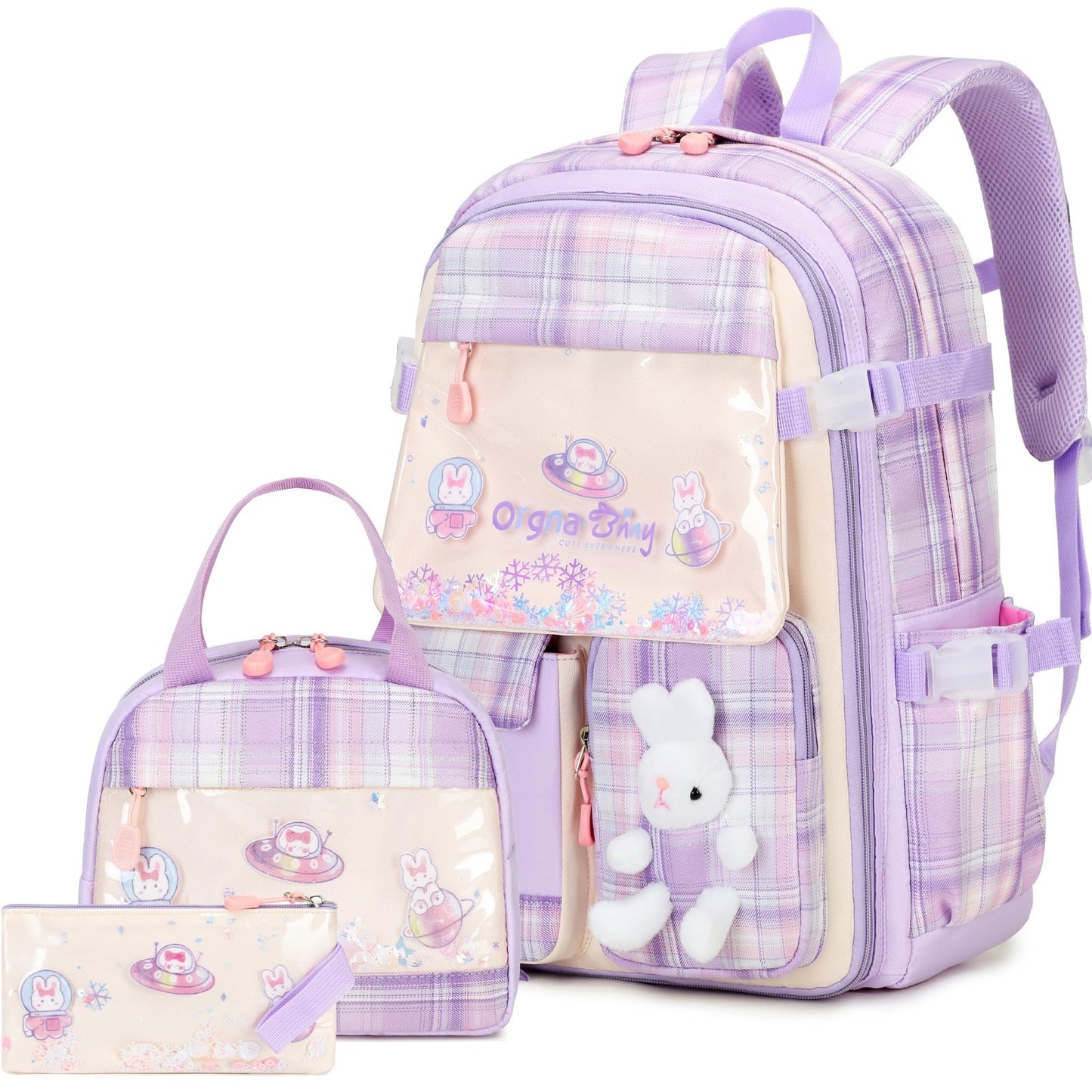 3PCS Kawaii Bunny Girls Backpack Set   School Bag, Lunch Box & Pencil Case   Pur1
