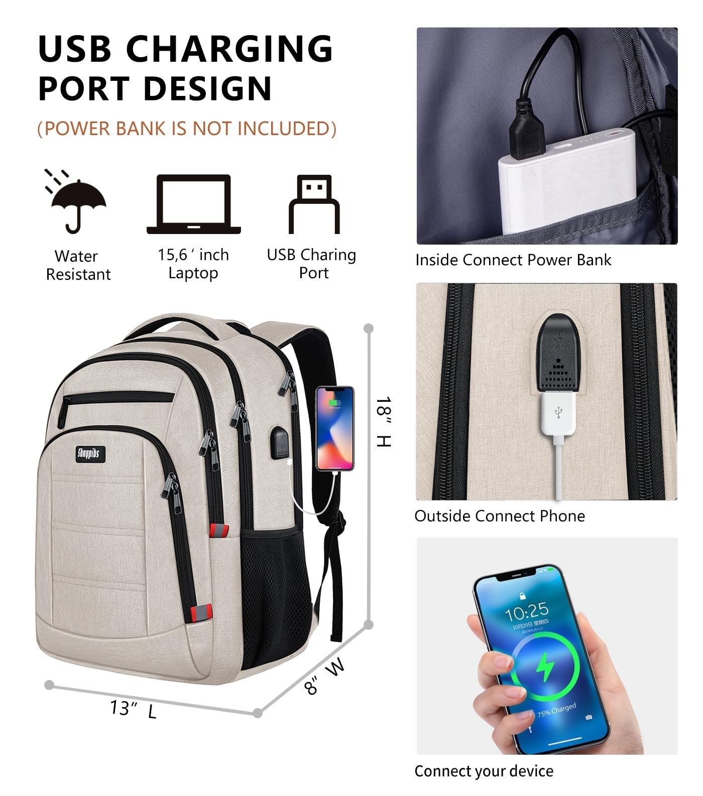 Travel Laptop Backpack for Women   USB Charging, Water Resistant, Fits 15.6"   B2