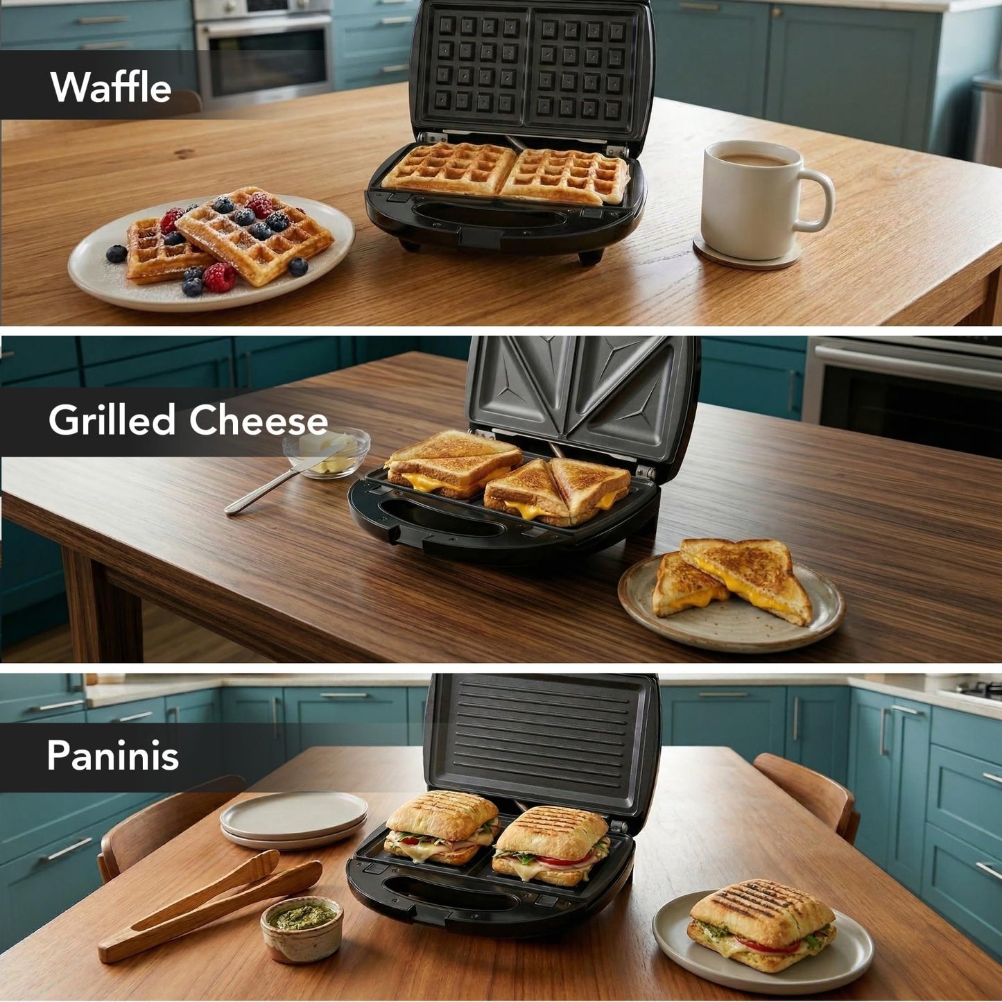 Electric Sandwich & Waffle Maker Set - 3 Non-Stick Plates, 750W, Versatile Grill5