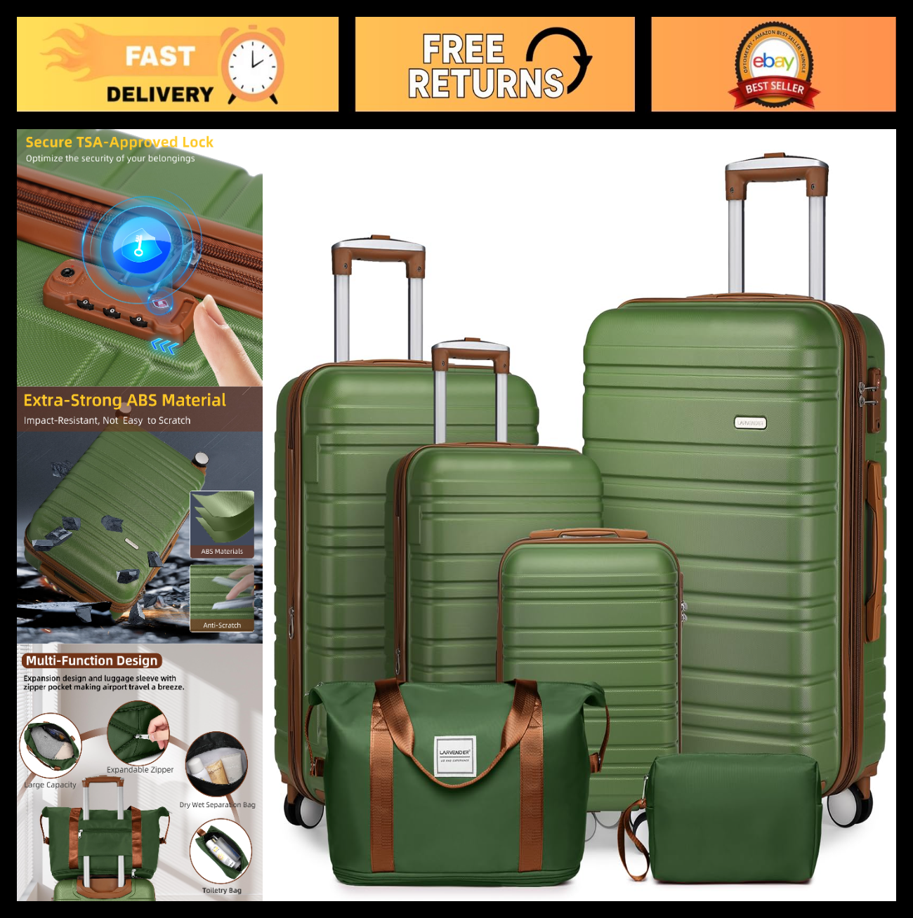 Expandable 6-Piece Luggage Set with Wheels, TSA-Approved, Lightweight Hardshell,0
