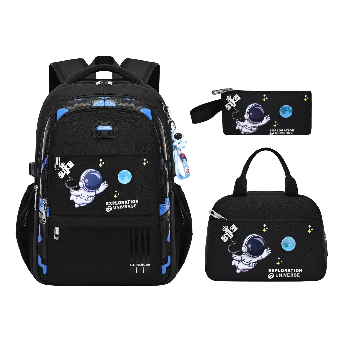 3pcs Boys Lightweight Astronaut Backpack Set with Lunch Box for School, Black1