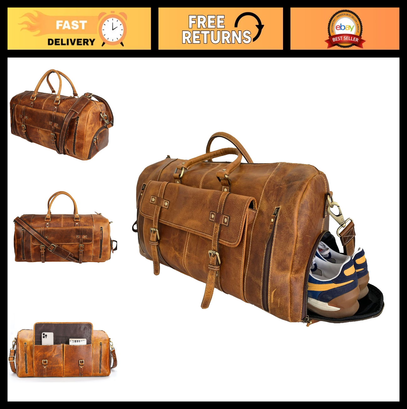 Leather Duffle Bag for Travel, Overnight & Weekend - Unisex Gym Holdall0