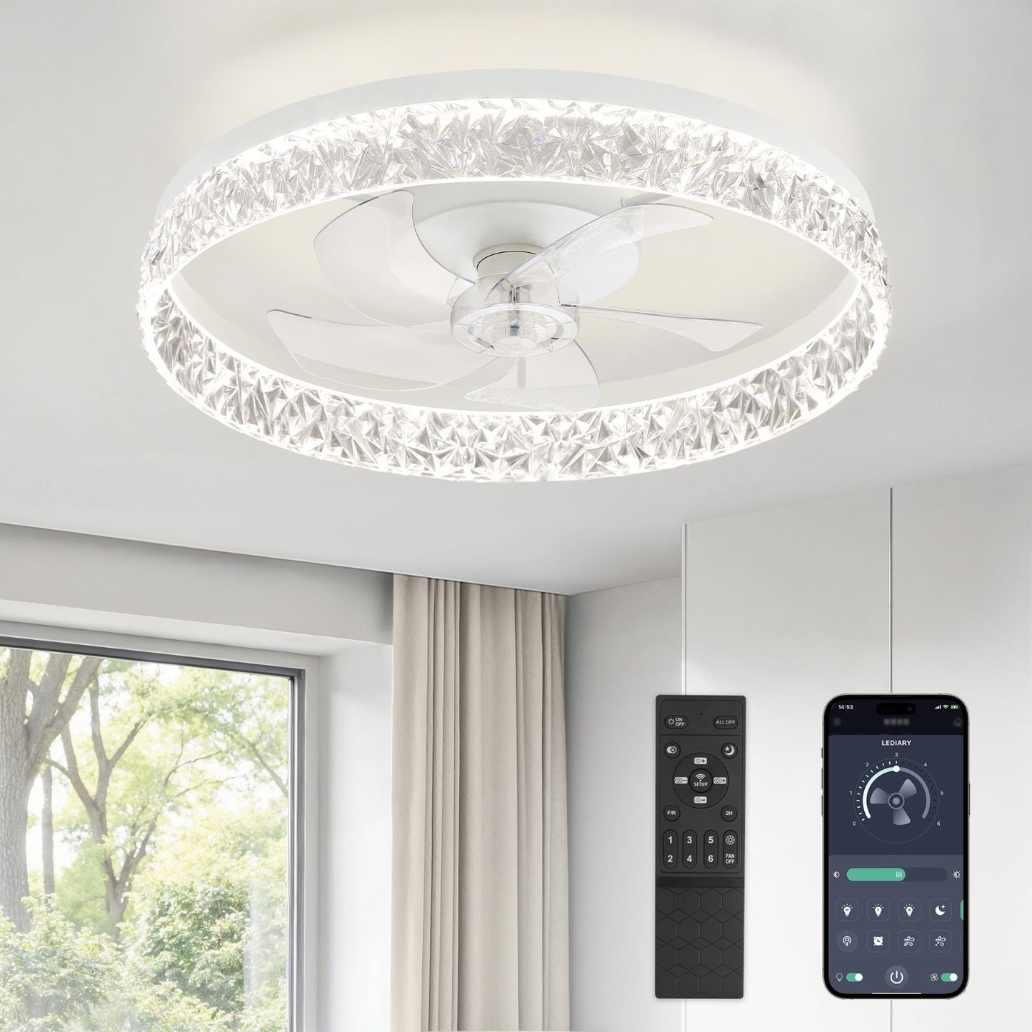 22" LED Ceiling Fan with Lights & Remote | Dimmable, 6 Speeds, Flush Mount, Time1