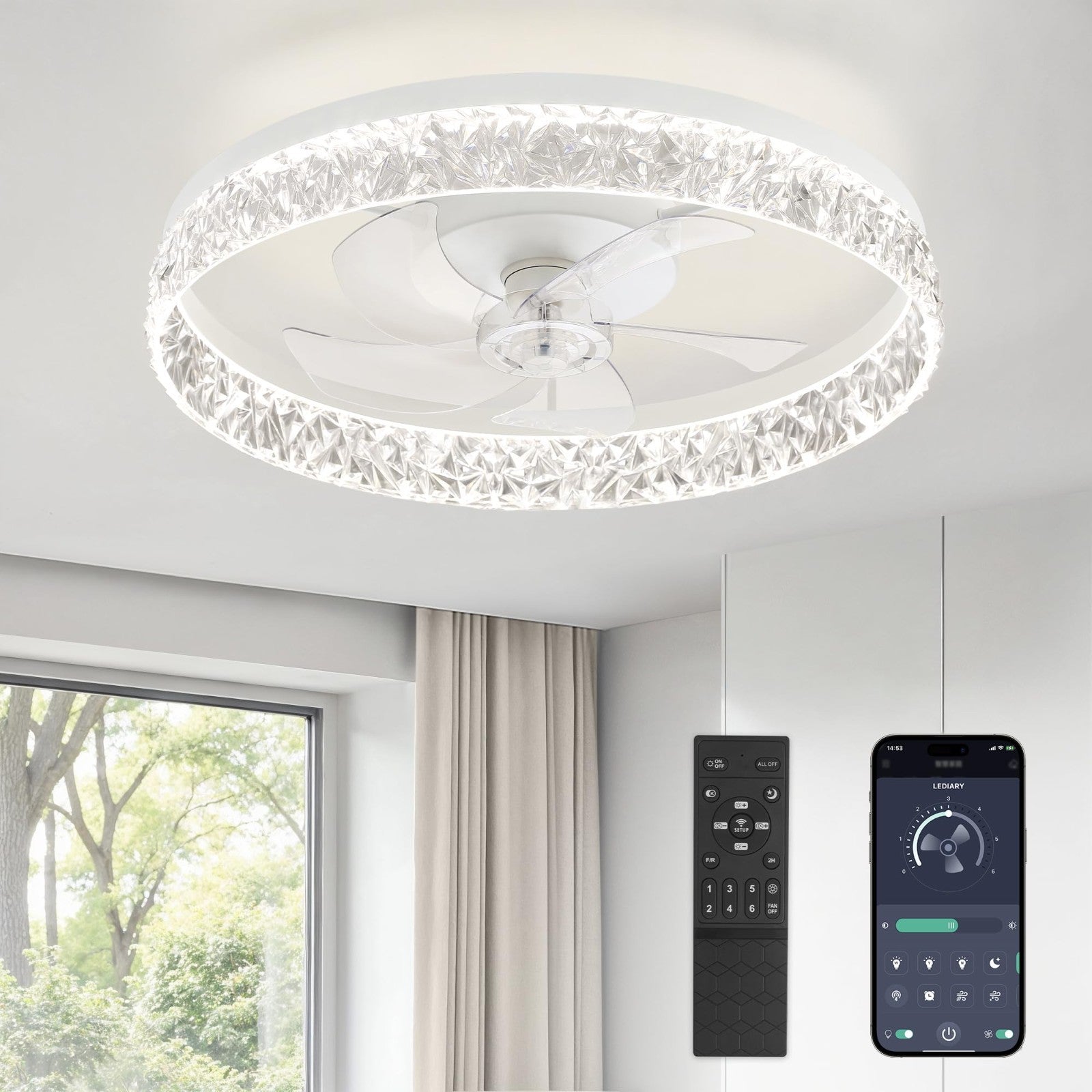 22" LED Ceiling Fan with Lights & Remote | Dimmable, 6 Speeds, Flush Mount, Time1