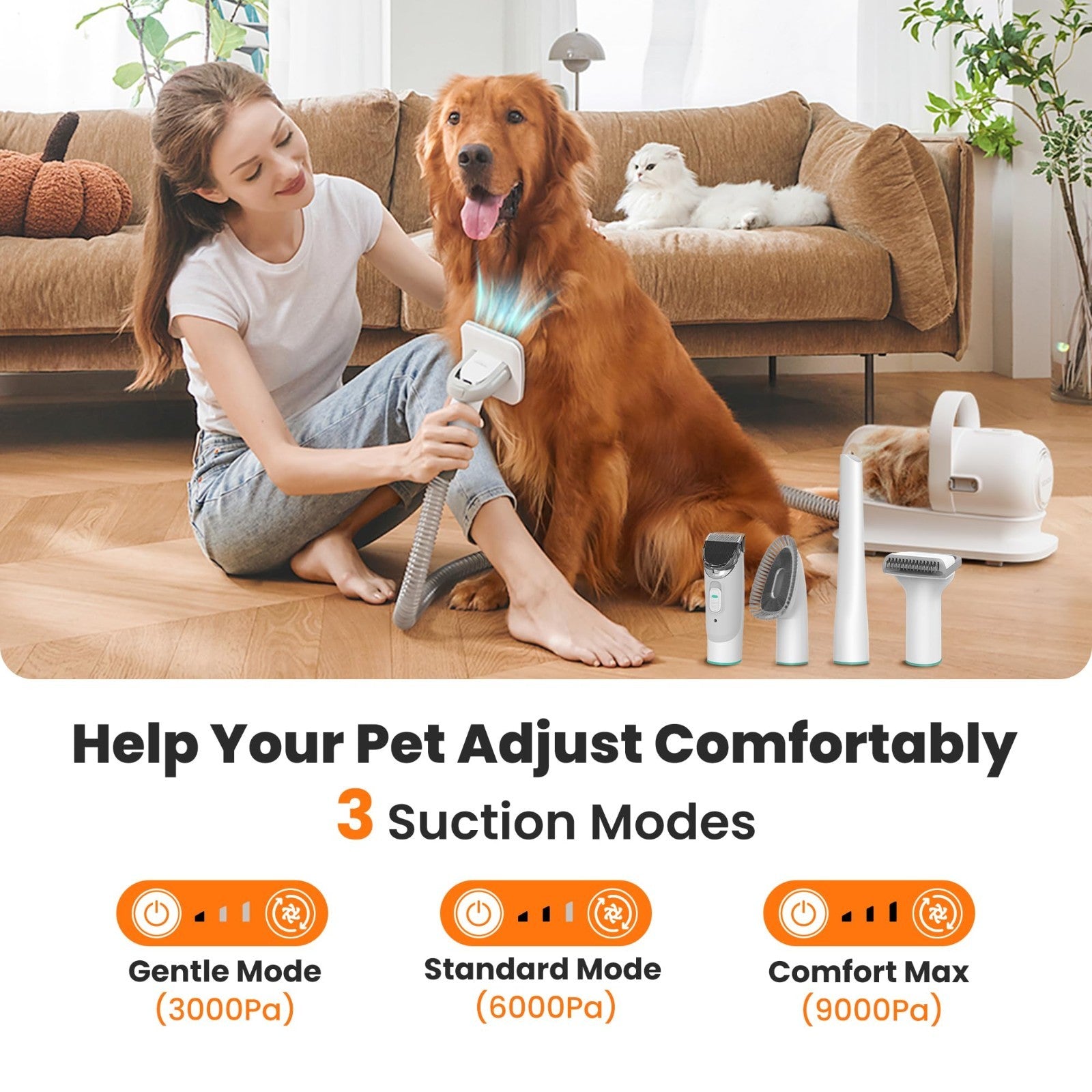 6-in-1 Pet Grooming Vacuum Kit, Dog Clippers & Hair Remover, 9000Pa Suction, Low4