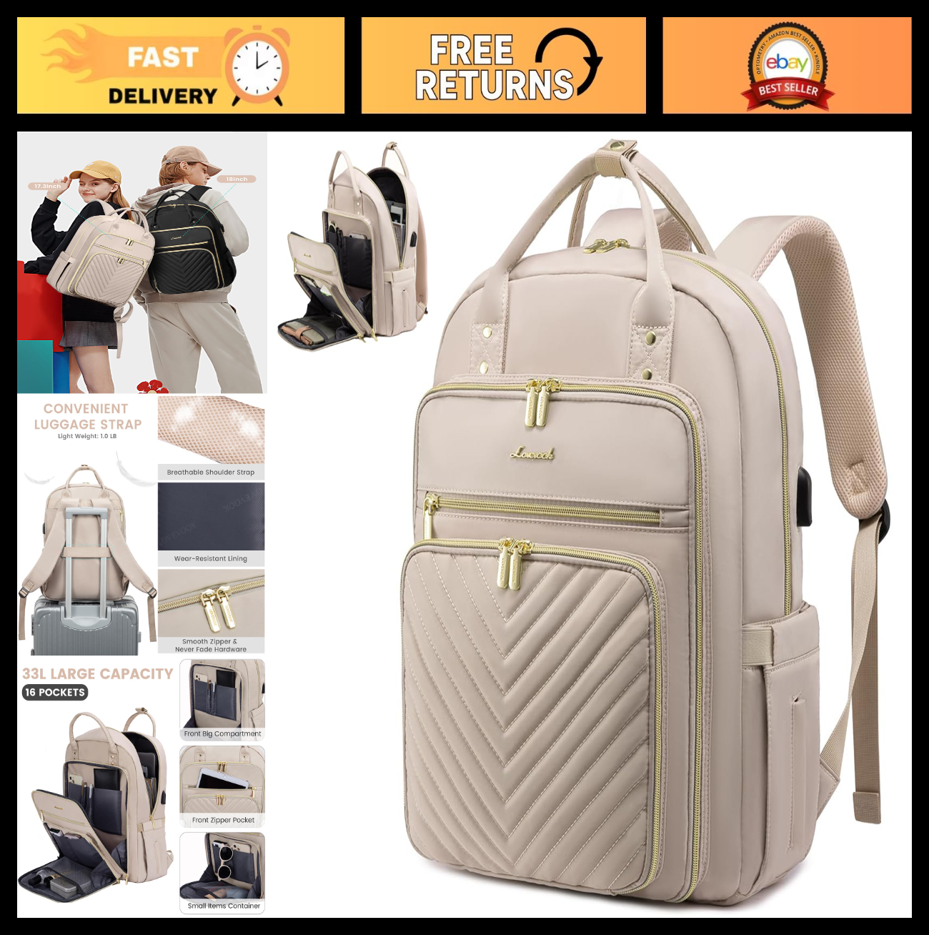 Stylish Water Resistant Laptop Backpack for Women, USB Charging, Travel Work Bag0