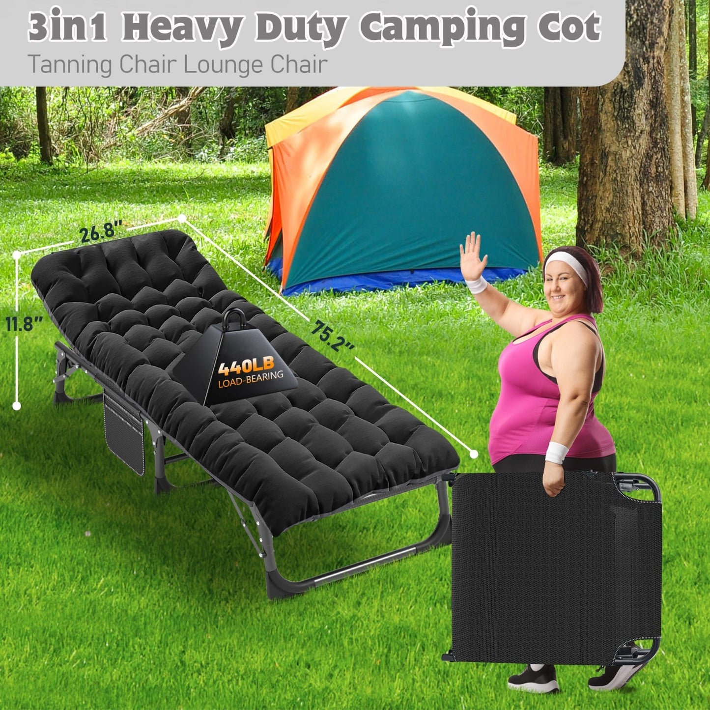 Extra Wide 28" Folding Camping Cot for Adults   Heavy Duty, 440 lbs Capacity, Qu2
