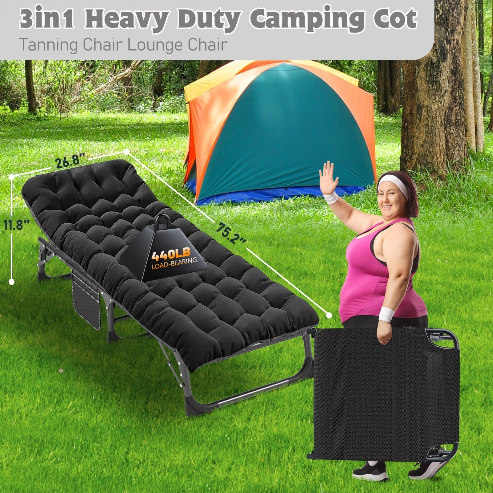 Extra Wide 28" Folding Camping Cot for Adults   Heavy Duty, 440 lbs Capacity, Qu2