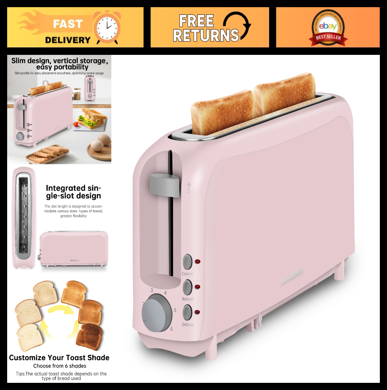 2-Slice Slim Toaster with Long Slot for Bagels & Artisan Bread, 6 Shade Settings0