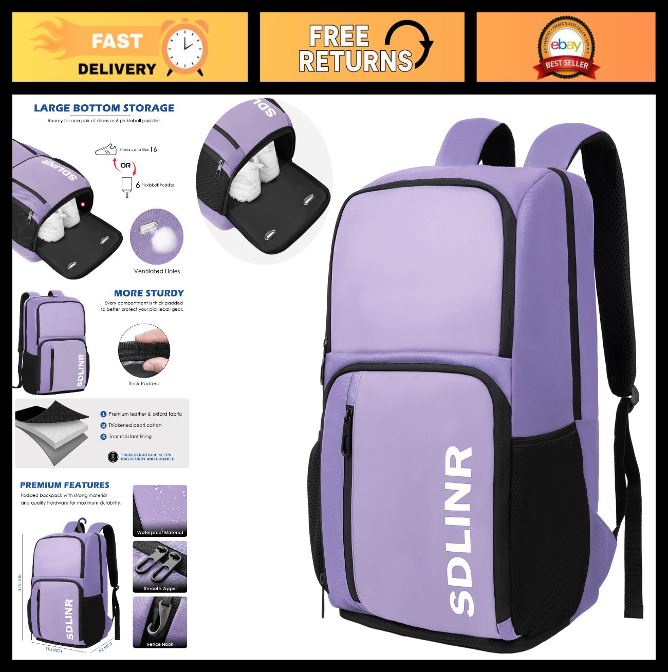 Large Pickleball Backpack for 4+ Paddles | Water-Resistant, Shoe Compartment, 350