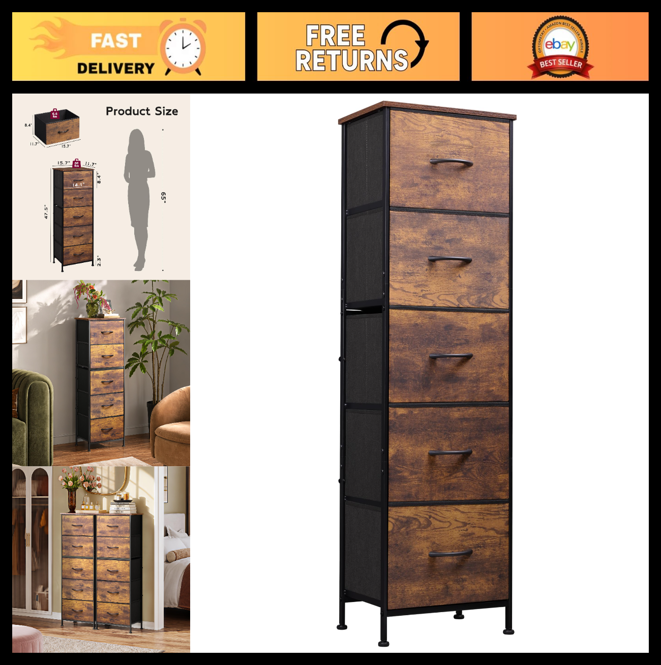 Tall Dresser for Bedroom - 5 Drawer Vertical Storage Chest, Rustic Brown, Space-0