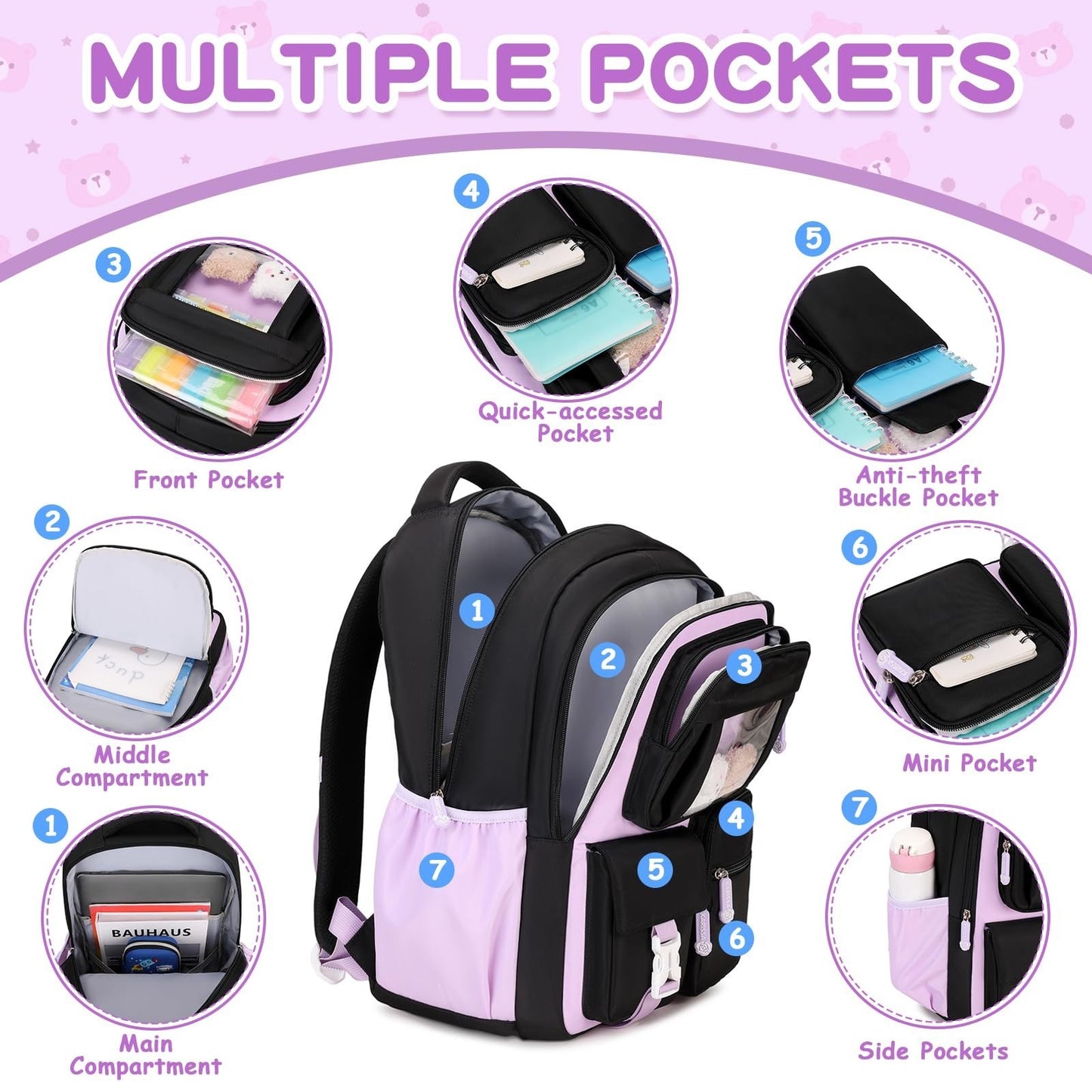 Kawaii Girls School Backpack - Cute Black & Purple Book Bag for Middle & Element3