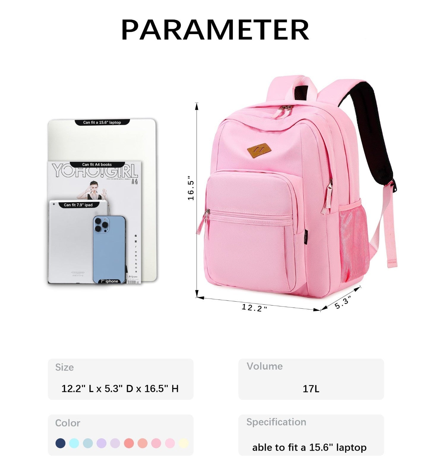 Solid Color Water Resistant Backpack for Girls & Women   School, College, Travel2