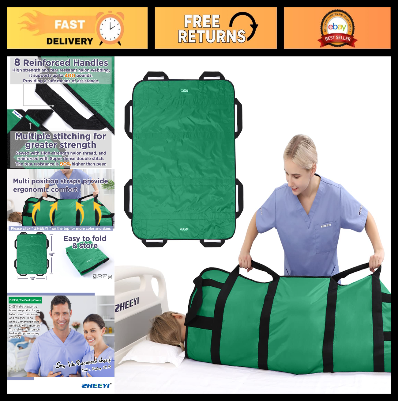 Multipurpose 48"x40" Bed Pad with Handles   Washable Patient Sheet for Lifting &0