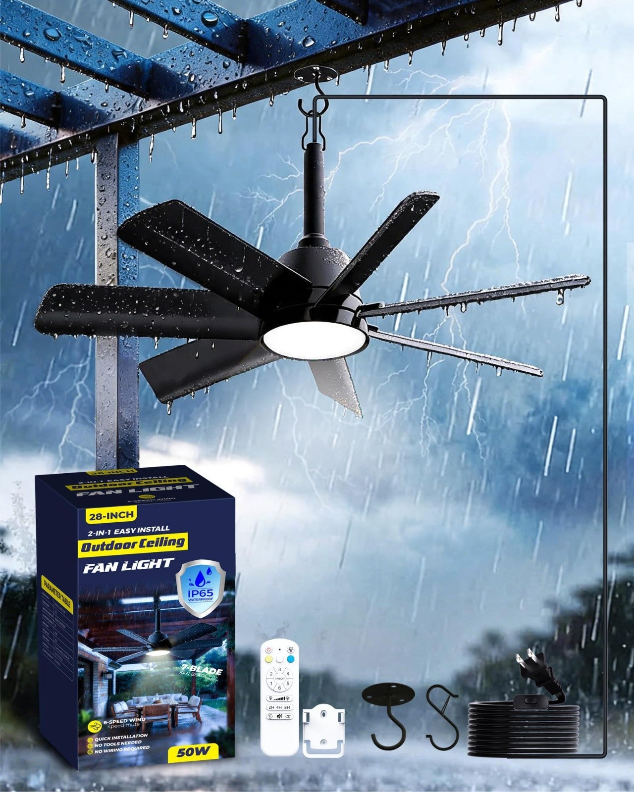 28" Outdoor Ceiling Fan with Light & Remote   Waterproof, 6 Speed, Dimmable, Por1