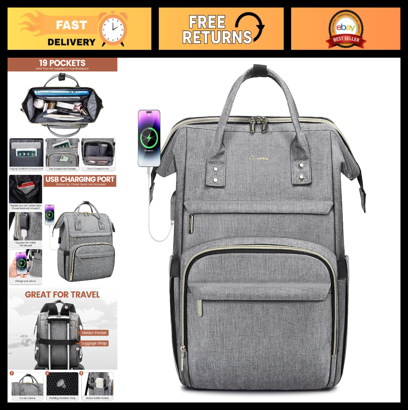 Stylish 15.6" Laptop Backpack for Women, Waterproof Travel Bag with USB Port, Gr0