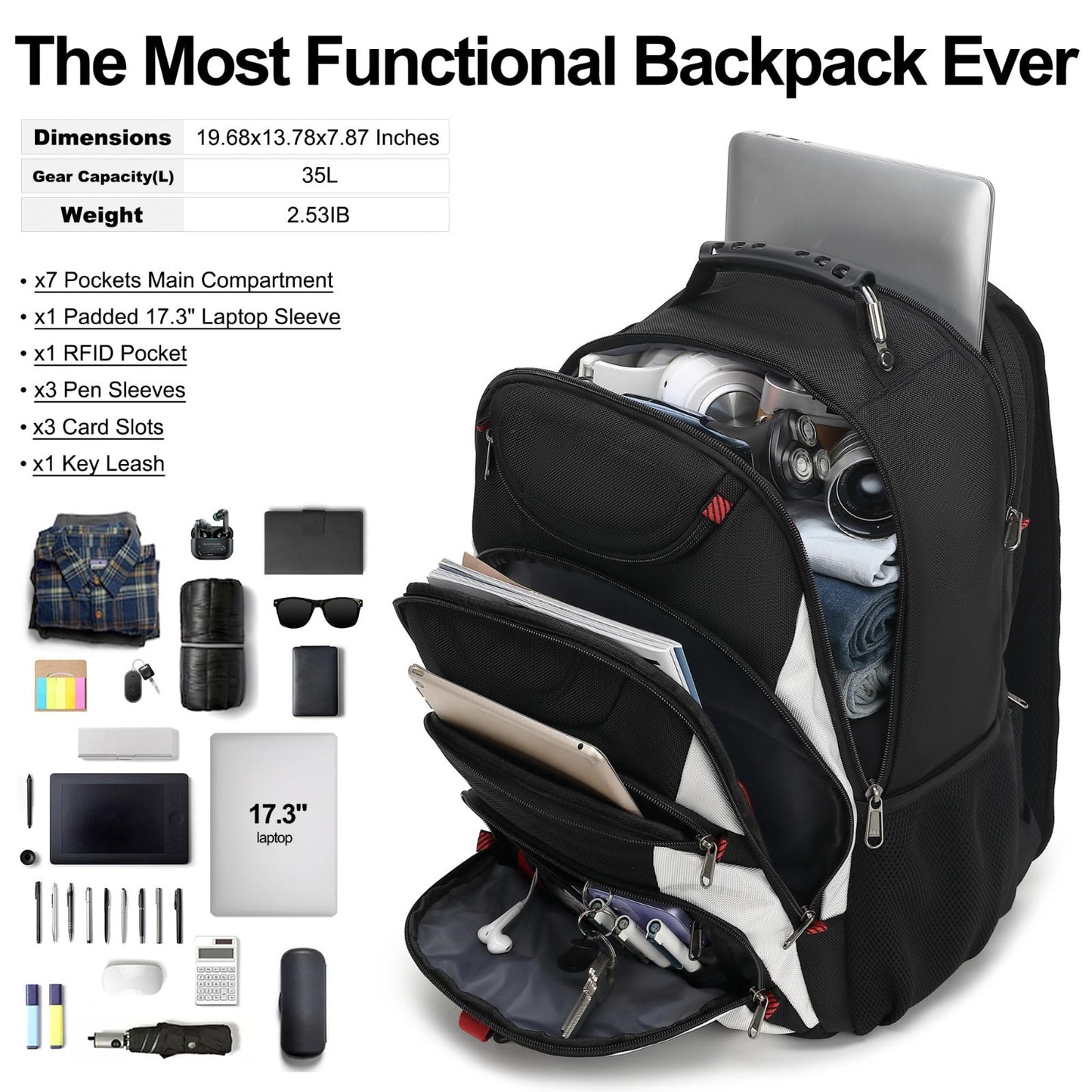 17.3" Waterproof Laptop Backpack with USB Port, Anti Theft Travel Bag for Work &4