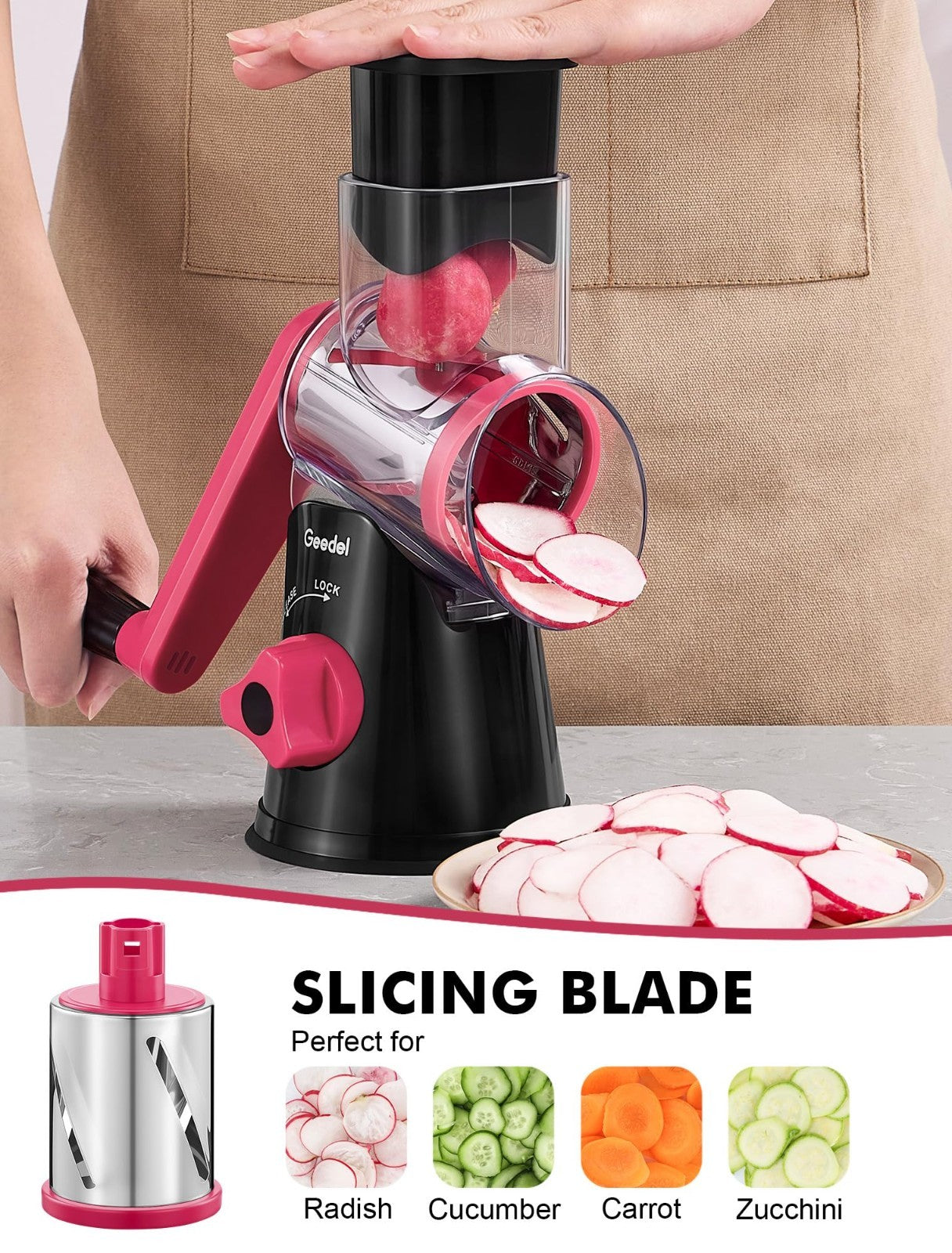 Hand Crank Rotary Cheese Grater & Vegetable Slicer   3 Blades, Stainless Steel,4