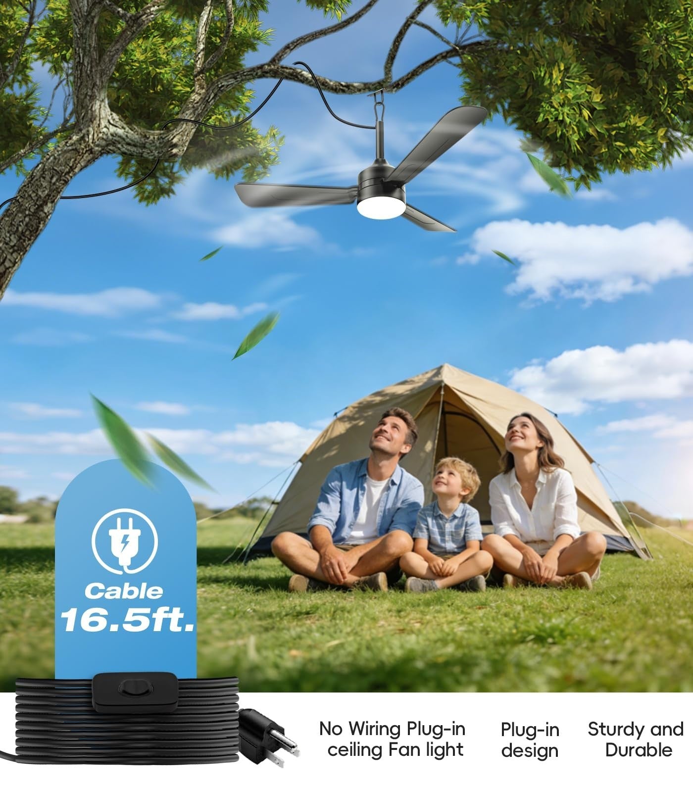 36" Plug in Ceiling Fan Light with Remote, Dimmable 3CCT LED, Reversible, Portab7