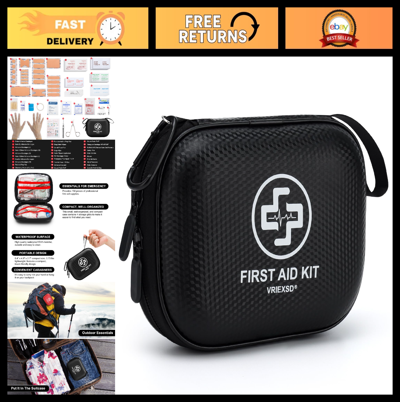 150 Piece Mini First Aid Kit   Waterproof Hard Shell for Home, Travel, Camping &0