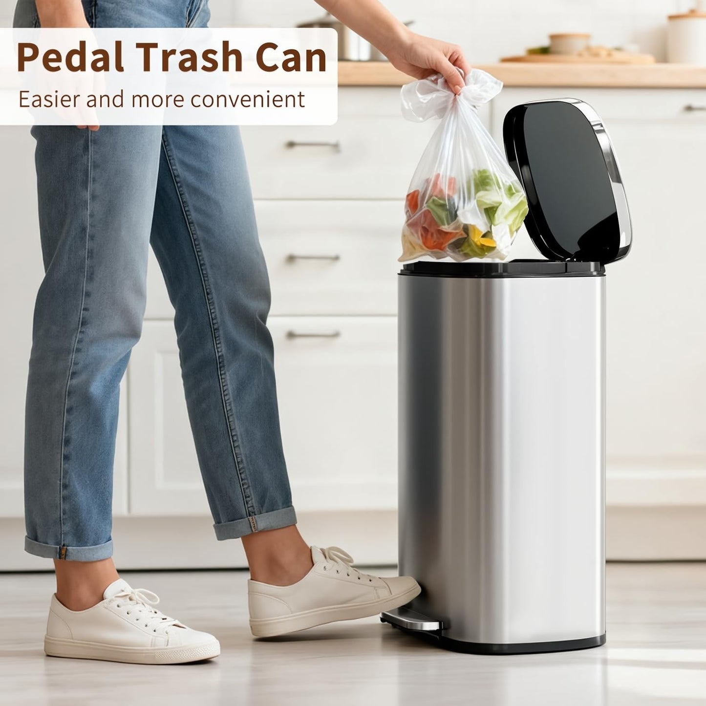 13G Stainless Steel Trash Can with Lid, Soft-Close Step Pedal, Removable Inner B2