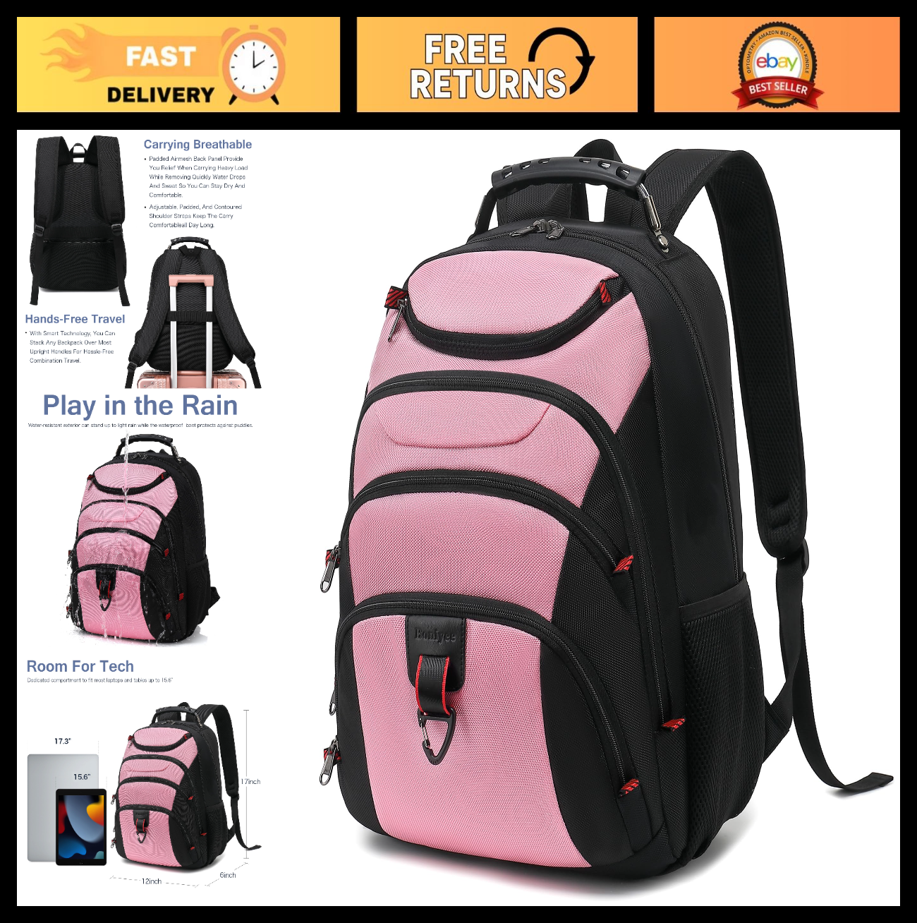 Waterproof 15.6" Laptop Backpack with USB Port, Anti Theft Travel Bag, Pink/Blac0