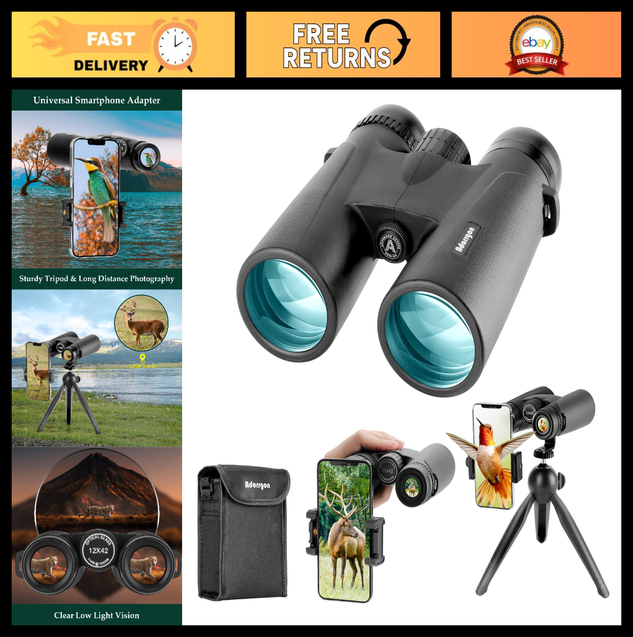 High-Powered 12x42 HD Binoculars with Phone Adapter & Tripod - Clear Low Light V0