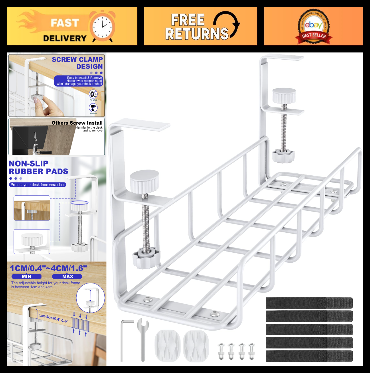 Under Desk Cable Management Tray   No Drill Steel Wire Organizer, 15.7" Clamp Mo0