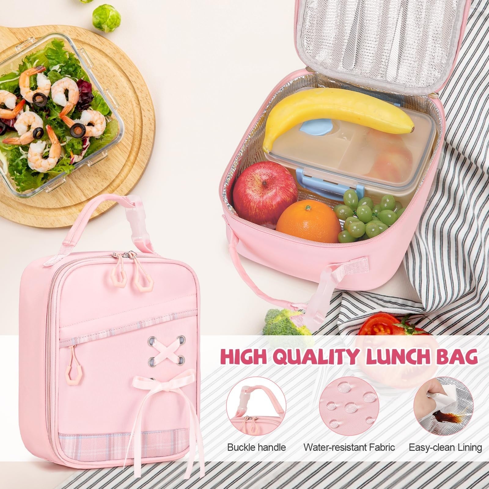 6PCS Girls Backpack Set with Lunch Bag, Bento Box & Pencil Pouch   Plaid School6
