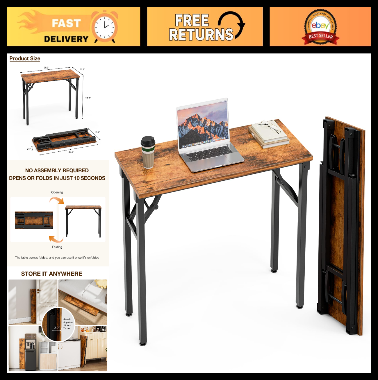 Compact Folding Desk - 35.8" Portable Office Table for Small Spaces, No Assembly0