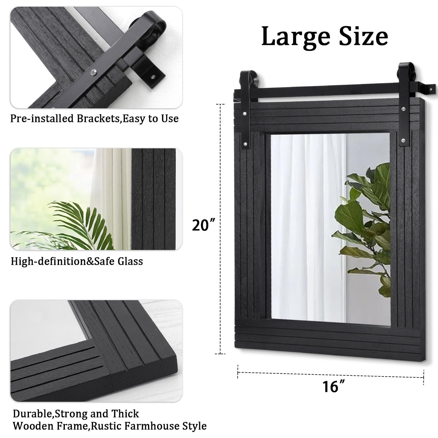 Large Black Framed Rectangle Wall Mirror - Barn Door Style for Bathroom, Bedroom2