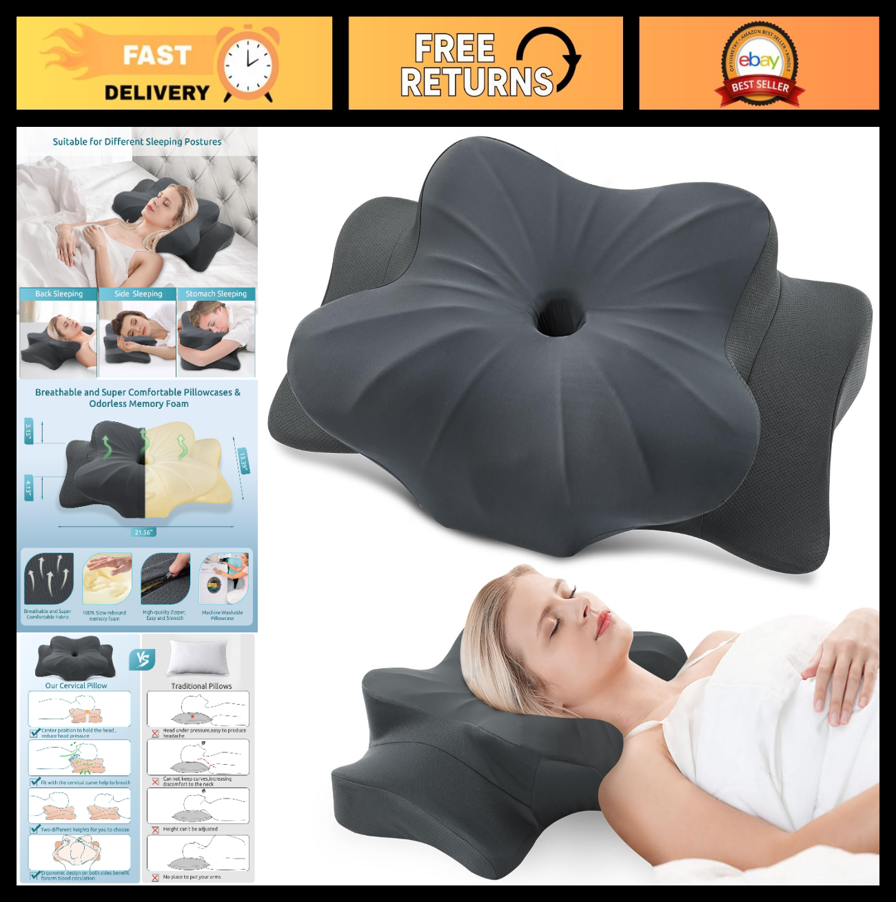 Cervical Pillow for Neck & Shoulder Pain Relief   Cooling Memory Foam, Ergonomic0