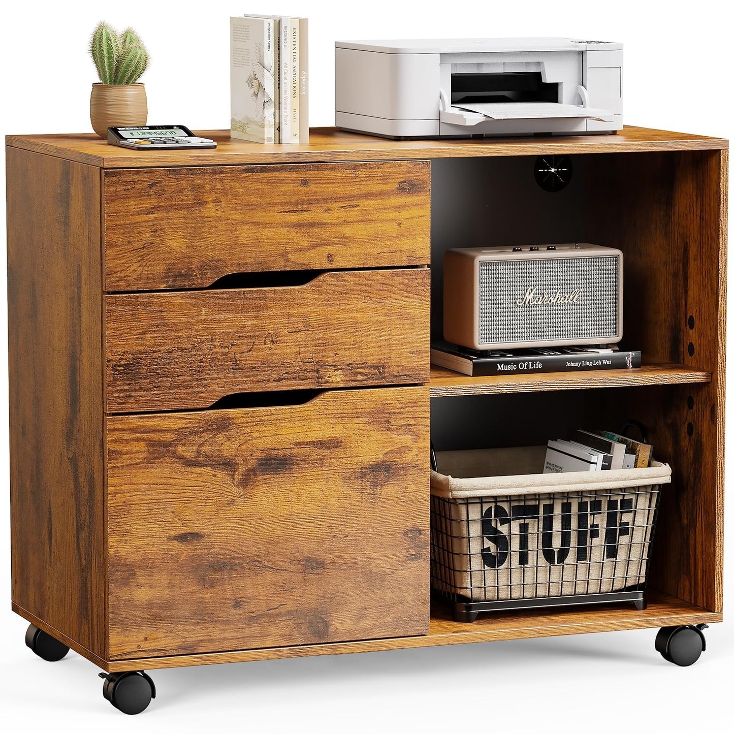 Wood File Cabinet with 3 Drawers, Rolling Printer Stand, Under Desk Storage Orga1
