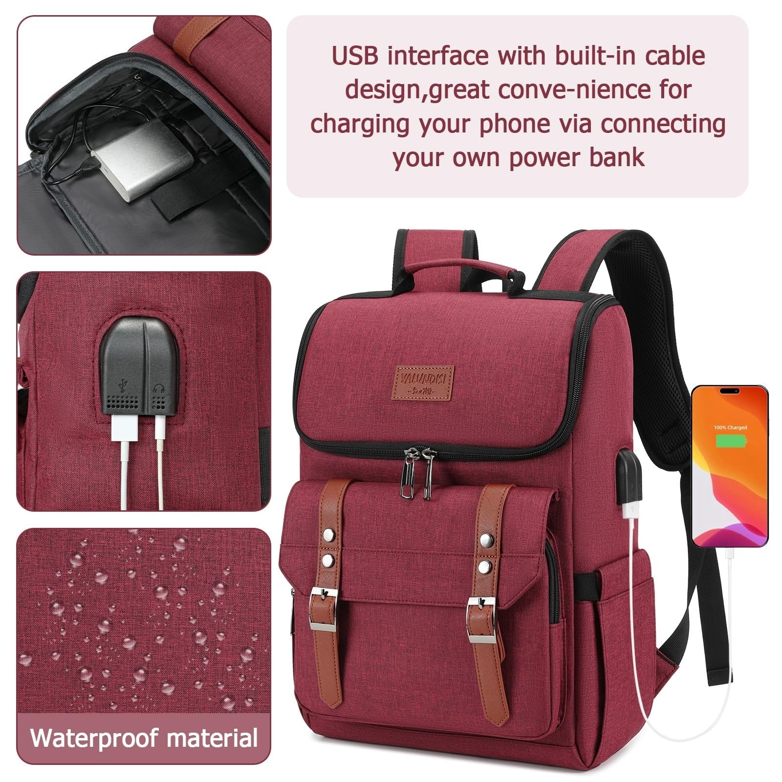 Vintage Travel Laptop Backpack with USB Charging Port for 15.6" Laptops - Red Br2