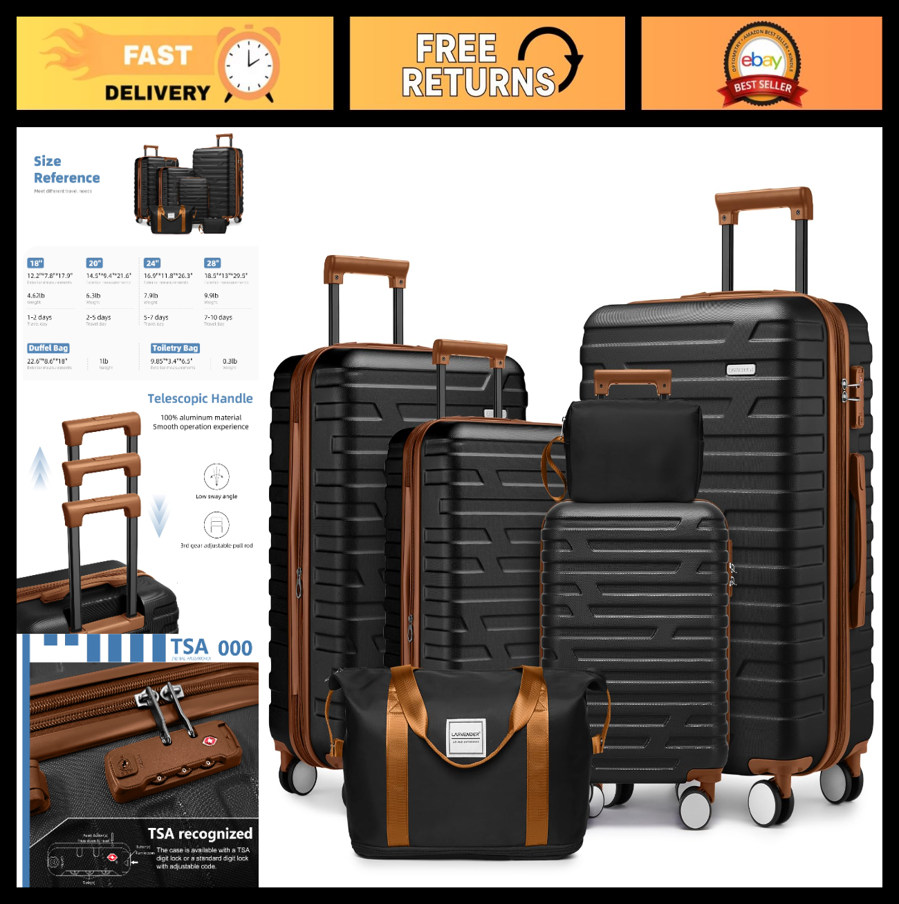 Expandable 6-Piece Luggage Set with Wheels, TSA-Approved Lock, Lightweight Hards0